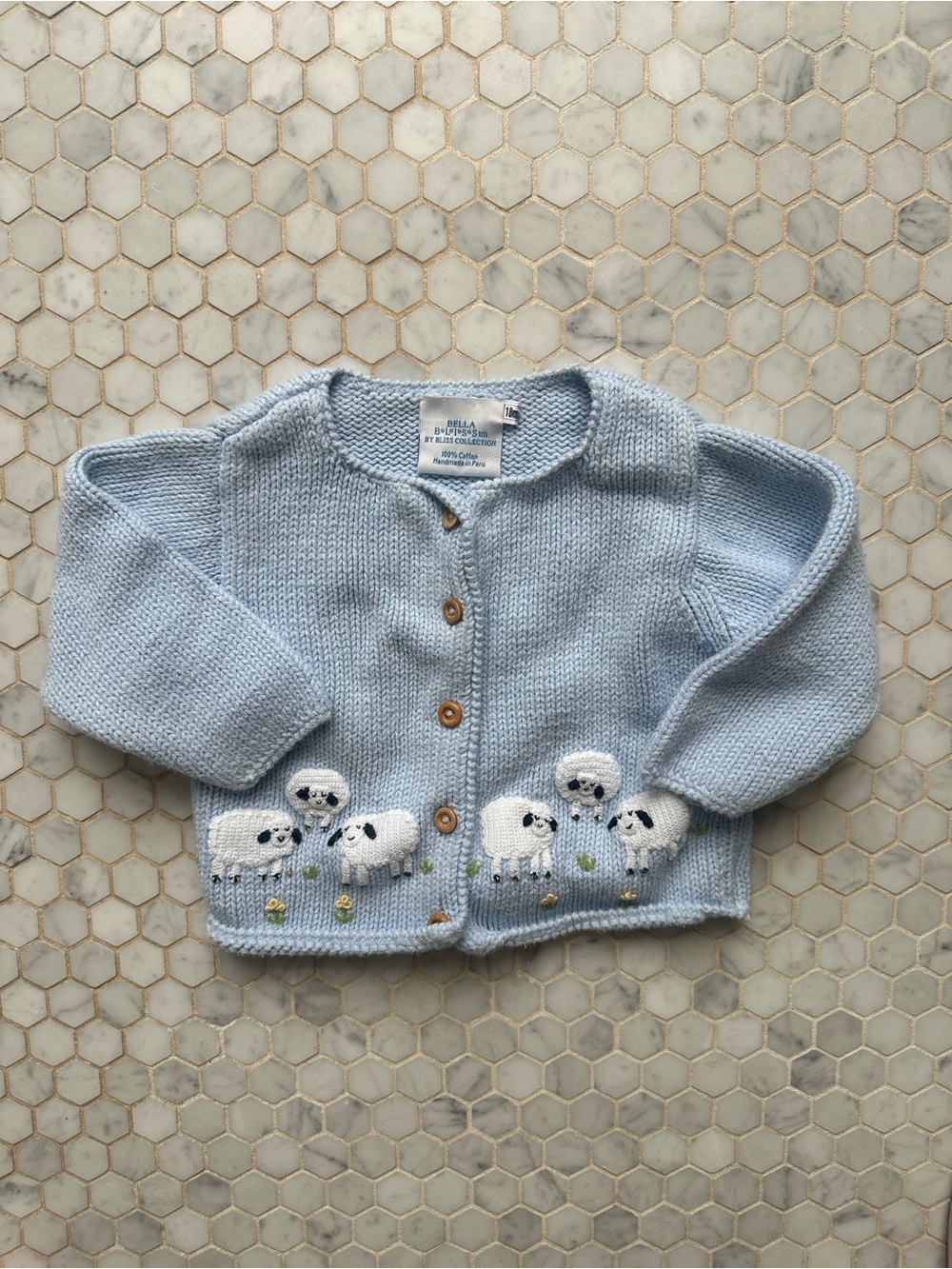 bella bliss light blue knit cardigan with embroidered sheep